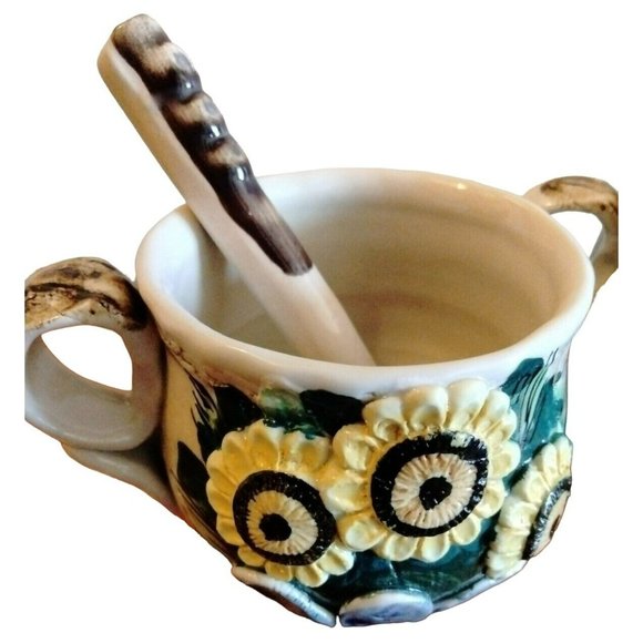 2 Sunflower Coffee Tea Cups Mugs Spoons Handmade Glazed Pottery Studio Crafted - Picture 3 of 11